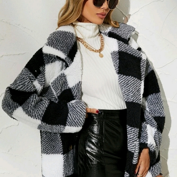 New Women's Gingham Double Breasted Teddy Coat - Picture 3 of 7